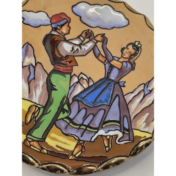 Antique Plate 1893-1923 Embossed "FOREIGN" on Back Old Folkart Dancing Couple - Picture 10 of 11